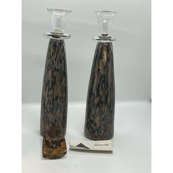Set Of (2)  Approx 11” Tall Hand Blown Art Glass Candlesticks By Lawrence Tuber - Picture 1 of 13